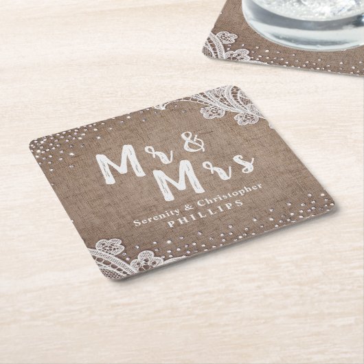 Burlap Lace Silglitter Mr & Mrs Rustic bruiloft Kartonnen Onderzetters (Schuin)