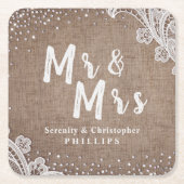 Burlap Lace Silglitter Mr & Mrs Rustic bruiloft Kartonnen Onderzetters (Voorkant)