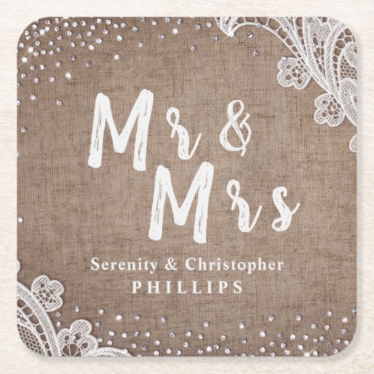 Burlap Lace Silglitter Mr & Mrs Rustic bruiloft Kartonnen Onderzetters (Voorkant)