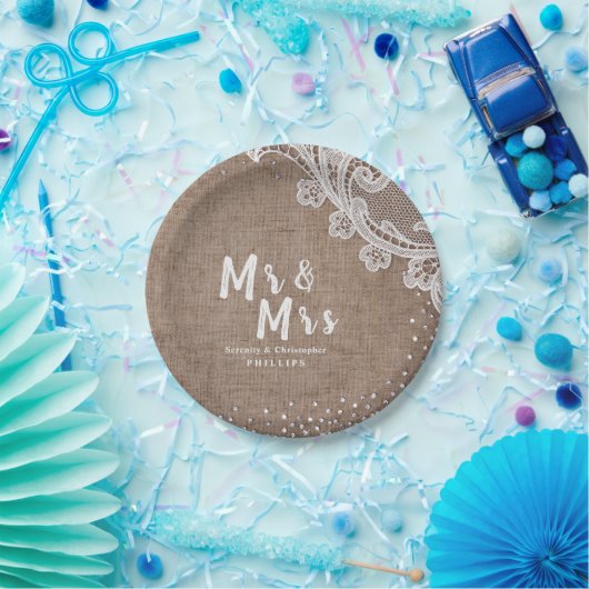 Burlap Lace Silglitter Mr & Mrs Rustic bruiloft Papieren Bordje (Feest)