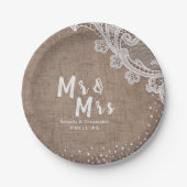 Burlap Lace Silglitter Mr & Mrs Rustic bruiloft Papieren Bordje (Voorkant)
