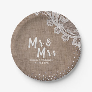 Burlap Lace Silglitter Mr & Mrs Rustic bruiloft Papieren Bordje