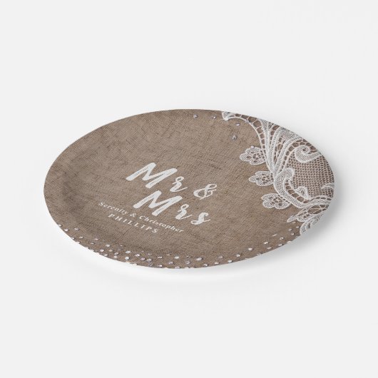 Burlap Lace Silglitter Mr & Mrs Rustic bruiloft Papieren Bordje (Gekanteld)