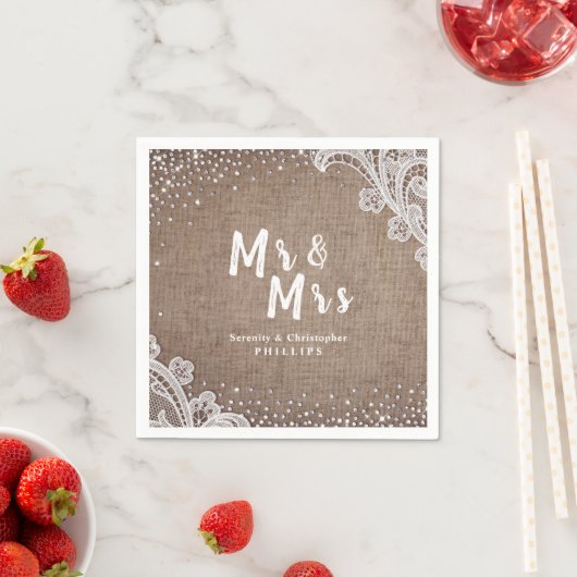 Burlap Lace Silglitter Mr & Mrs Rustic bruiloft Servet (Insitu)