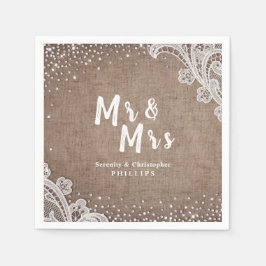 Burlap Lace Silglitter Mr & Mrs Rustic bruiloft Servet