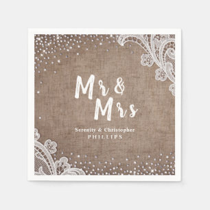 Burlap Lace Silglitter Mr & Mrs Rustic bruiloft Servet