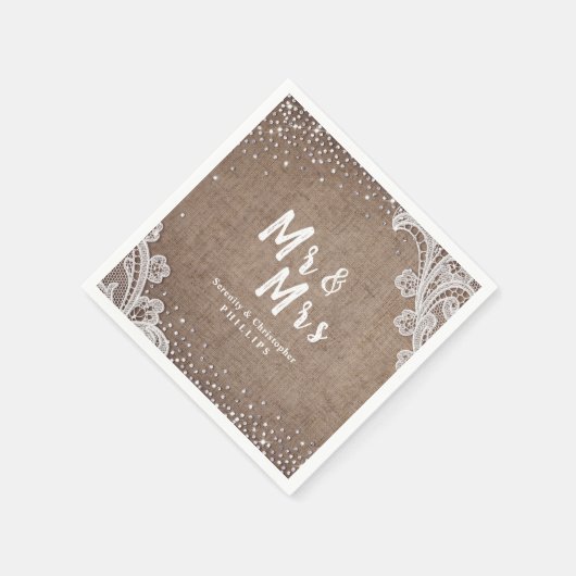 Burlap Lace Silglitter Mr & Mrs Rustic bruiloft Servet (Hoek)