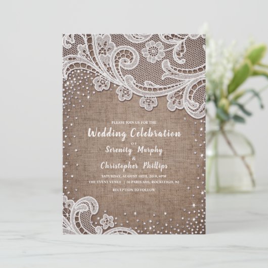 Burlap Lace Silglitter Rustic country Wedding Kaart (Staand voorkant)
