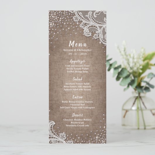 Burlap Lace Silglitter Rustige trouwmenu Menu (Staand voorkant)
