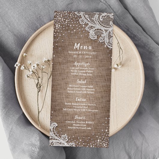 Burlap Lace Silglitter Rustige trouwmenu Menu