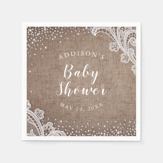 Burlap Lace Silver Glitter Rustige baby shower Servet (Voorkant)