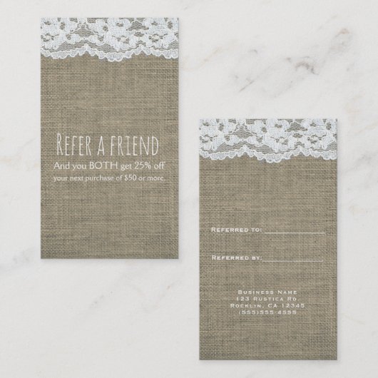 Burlap & Lace Simple Rustic Elegant Verwijs een vr Aanbevelingskaartje (Voorkant / Achterkant)