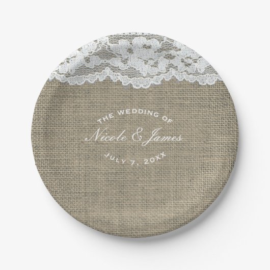 Burlap & Lace Simple Rustic Elegant Wedding Custom Papieren Bordje (Voorkant)