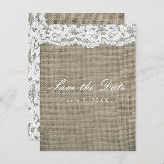 Burlap & Lace Simple Rustic Wedding Save the Date Aankondigingskaart (Voorkant / Achterkant)