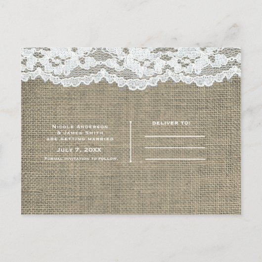 Burlap & Lace Simple Rustic Wedding Save the Date Aankondigingskaart (Achterkant)