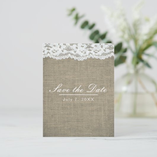 Burlap & Lace Simple Rustic Wedding Save the Date Aankondigingskaart (Staand voorkant)