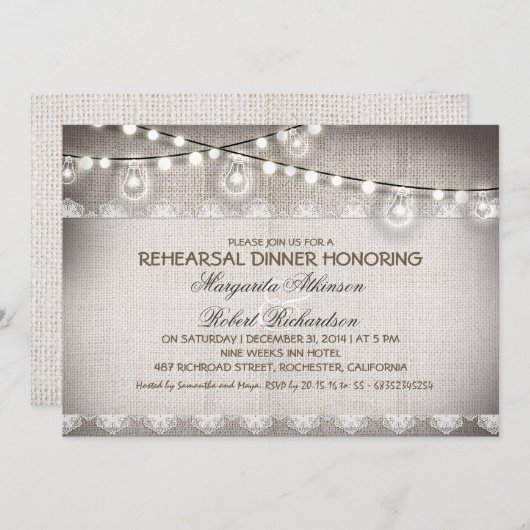 Burlap Lace String Lampen Repetitie Diner Kaart (Voorkant / Achterkant)