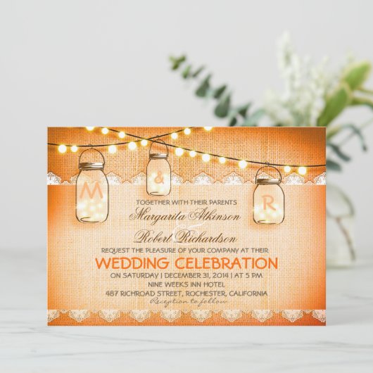 Burlap Lace String Lights en Mason Jars bruiloft Kaart (Staand voorkant)