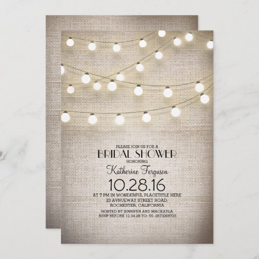 Burlap Lace String Lights Rustiek vrijgezellenfees Kaart (Voorkant / Achterkant)