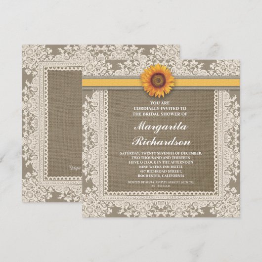 Burlap Lace & Sunflower Bruids Douche Uitnodiginge Kaart (Voorkant / Achterkant)