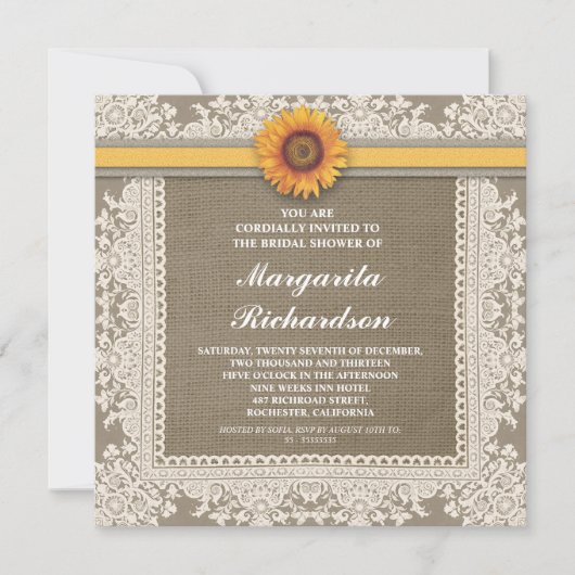 Burlap Lace & Sunflower Bruids Douche Uitnodiginge Kaart (Voorkant)