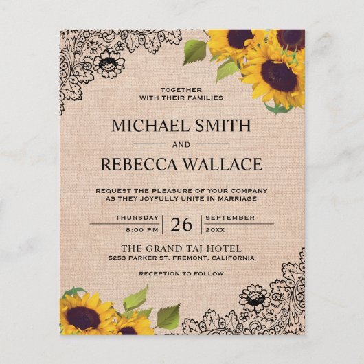 Burlap Lace Sunflower Budget Weddenschap (Voorkant)