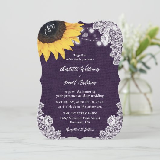 Burlap Lace Sunflower Paars Wedding Invitations Kaart (Staand voorkant)