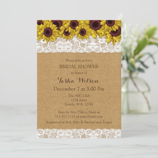 Burlap Lace Sunflower Rustic Vrijgezellenfeest Inv Kaart (Staand voorkant)