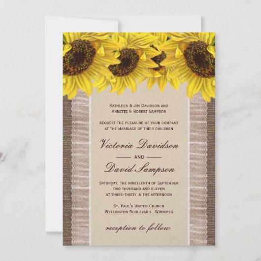 Burlap, Lace Sunflower Wedding Invitation Kaart (Voorkant)