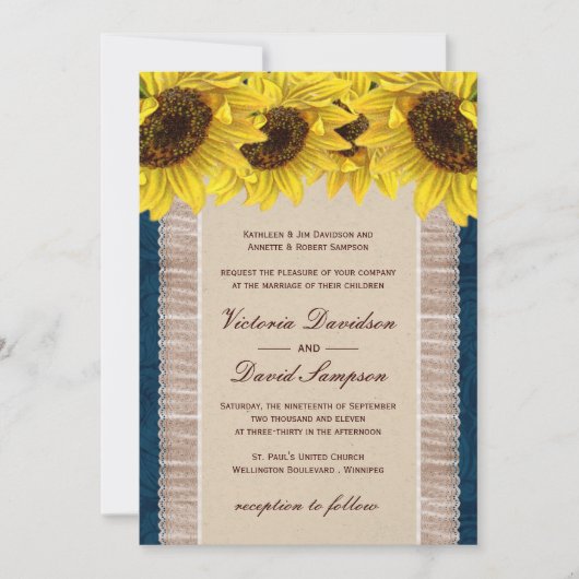Burlap, Lace Sunflower Wedding Invitation Kaart (Voorkant)