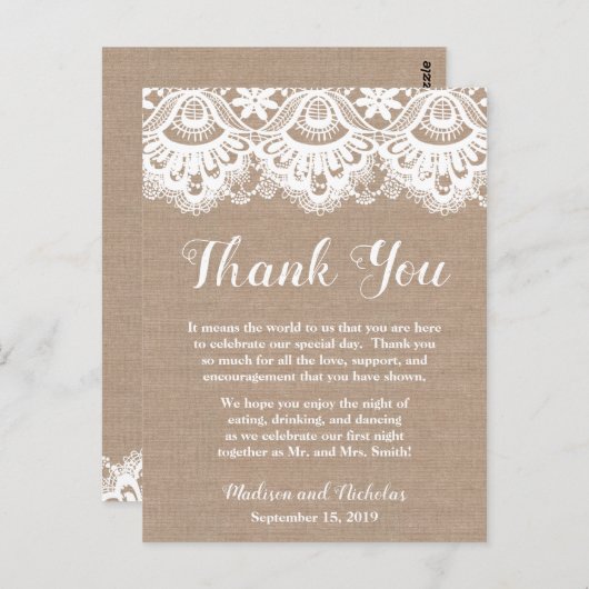 Burlap Lace trouwplaats instelling dank u kaarten (Voorkant / Achterkant)