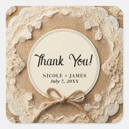 Burlap Lace & Twine Bow Rustieke bruiloft Vierkante Sticker (Voorkant)