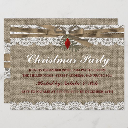 Burlap & Lace Vintage-kerstfeest Kaart (Voorkant / Achterkant)
