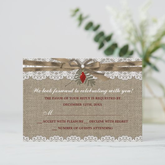 Burlap & Lace Vintage Kerstfeest RSVP (Staand voorkant)