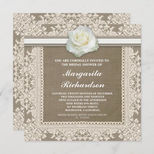 Burlap Lace & White Rose Bruids Douche Uitnodiging (Voorkant / Achterkant)