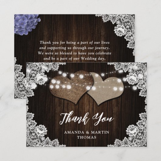 Burlap Lace Wood Rustic Purple Blue Floral Wedding Bedankkaart (Voorkant / Achterkant)