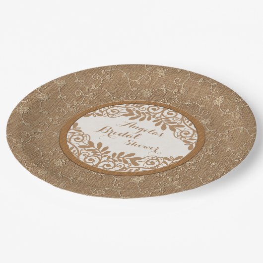 Burlap Lace Wood Rustiek Bruiloft Vrijgezellenfees Papieren Bordje (Gekanteld)