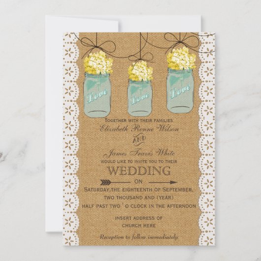 Burlap Lace yellow hydrangeas mason jars nodigt ui Kaart (Voorkant)
