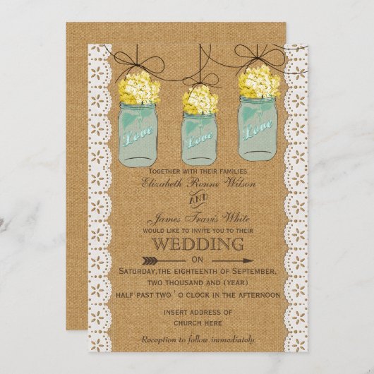 Burlap Lace yellow hydrangeas mason jars nodigt ui Kaart (Voorkant / Achterkant)
