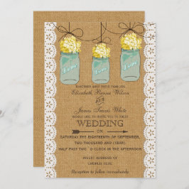 Burlap Lace yellow hydrangeas mason jars nodigt ui Kaart