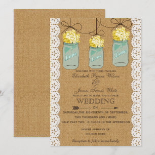 Burlap Lace yellow hydrangeas mason jars nodigt ui Kaart