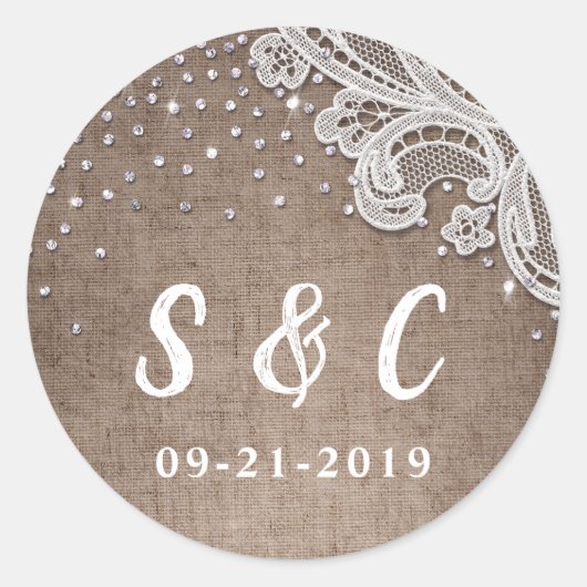 Burlap Lace zilveren glitter rustiek bruiloft mono Ronde Sticker (Voorkant)