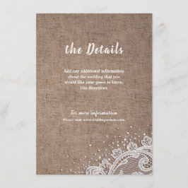 Burlap Lace zilveren glitter rustieke bruiloft det Informatiekaartje