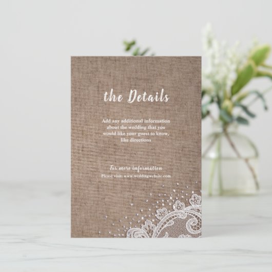 Burlap Lace zilveren glitter rustieke bruiloft det Informatiekaartje (Staand voorkant)