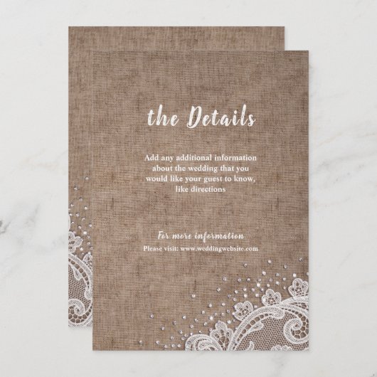 Burlap Lace zilveren glitter rustieke bruiloft det Informatiekaartje (Voorkant / Achterkant)