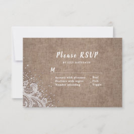 Burlap Lace zilveren glitter rustieke bruiloft RSV RSVP Kaartje