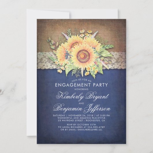 Burlap Lace Zonnebloem Marine Rustieke Engagement  Kaart (Voorkant)
