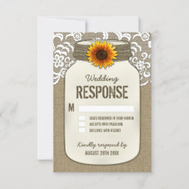 Burlap Lace Zonnebloem Mason Jar Bruiloft RSVP Kaa Kaartje