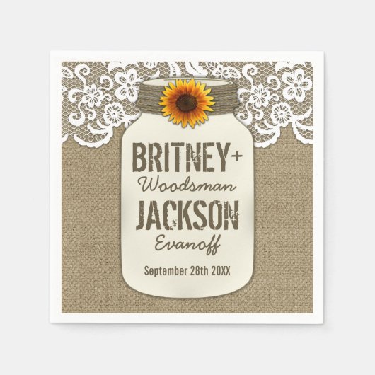 Burlap Lace Zonnebloem Mason Jar Bruiloft Servette Servet (Voorkant)