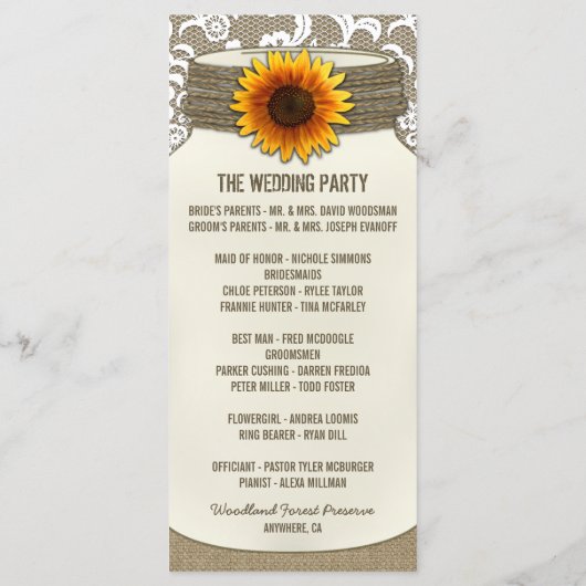 Burlap Lace Zonnebloem Mason Jar Trouwprogramma's Programmakaart (Achterkant)